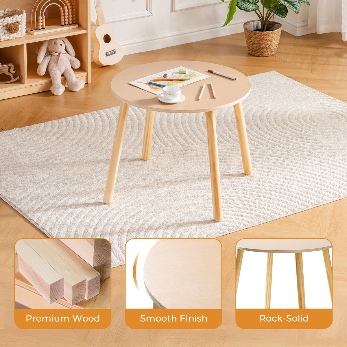 ROBUD natural beech wood round kids table on a cream rug, with closeups highlighting smooth finish and rock-solid joints.