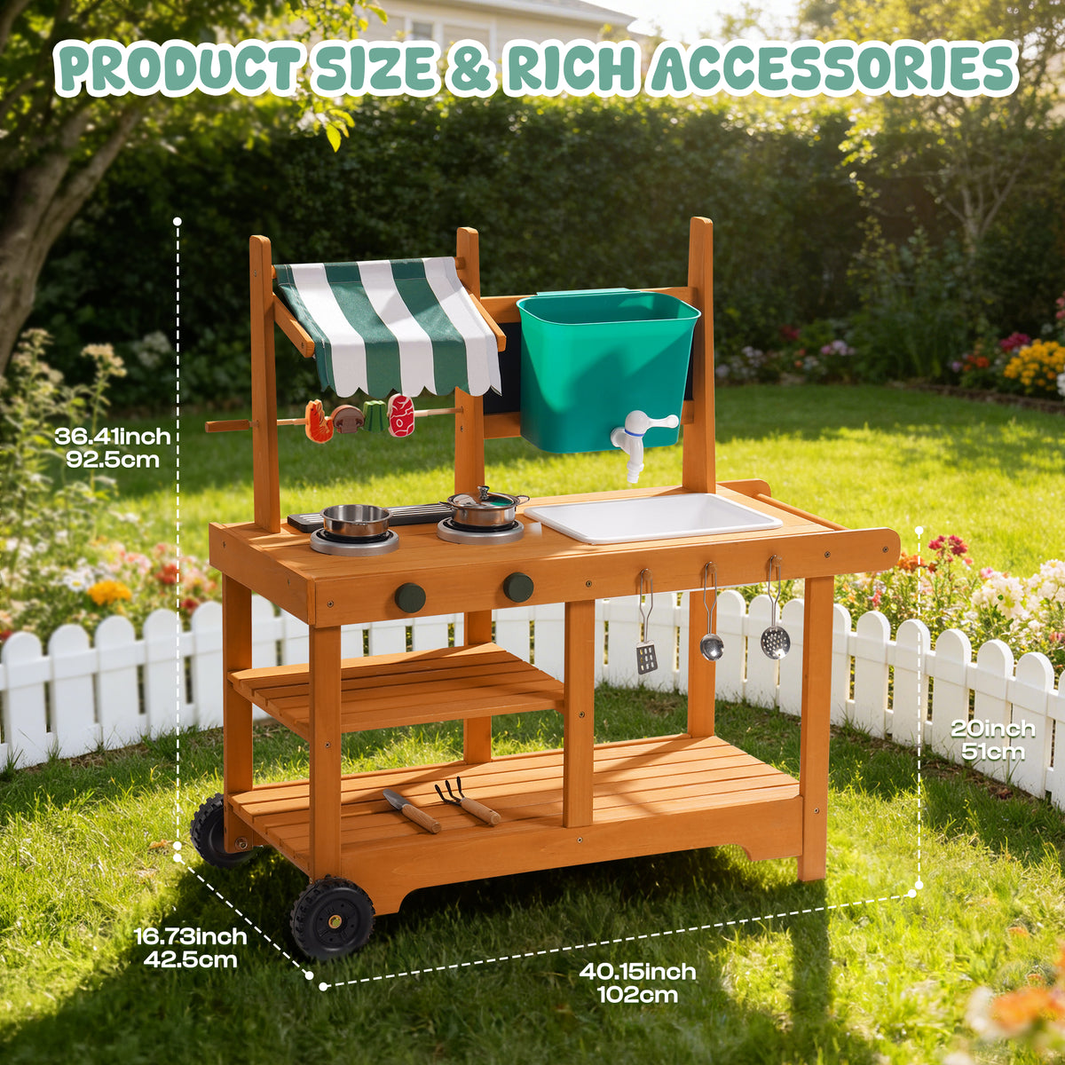ROBUD wheeled outdoor mud kitchen accessories layout showing salmon, mushroom, steak, tools, green teal basin, stainless pots, bowls, and cooking utensils