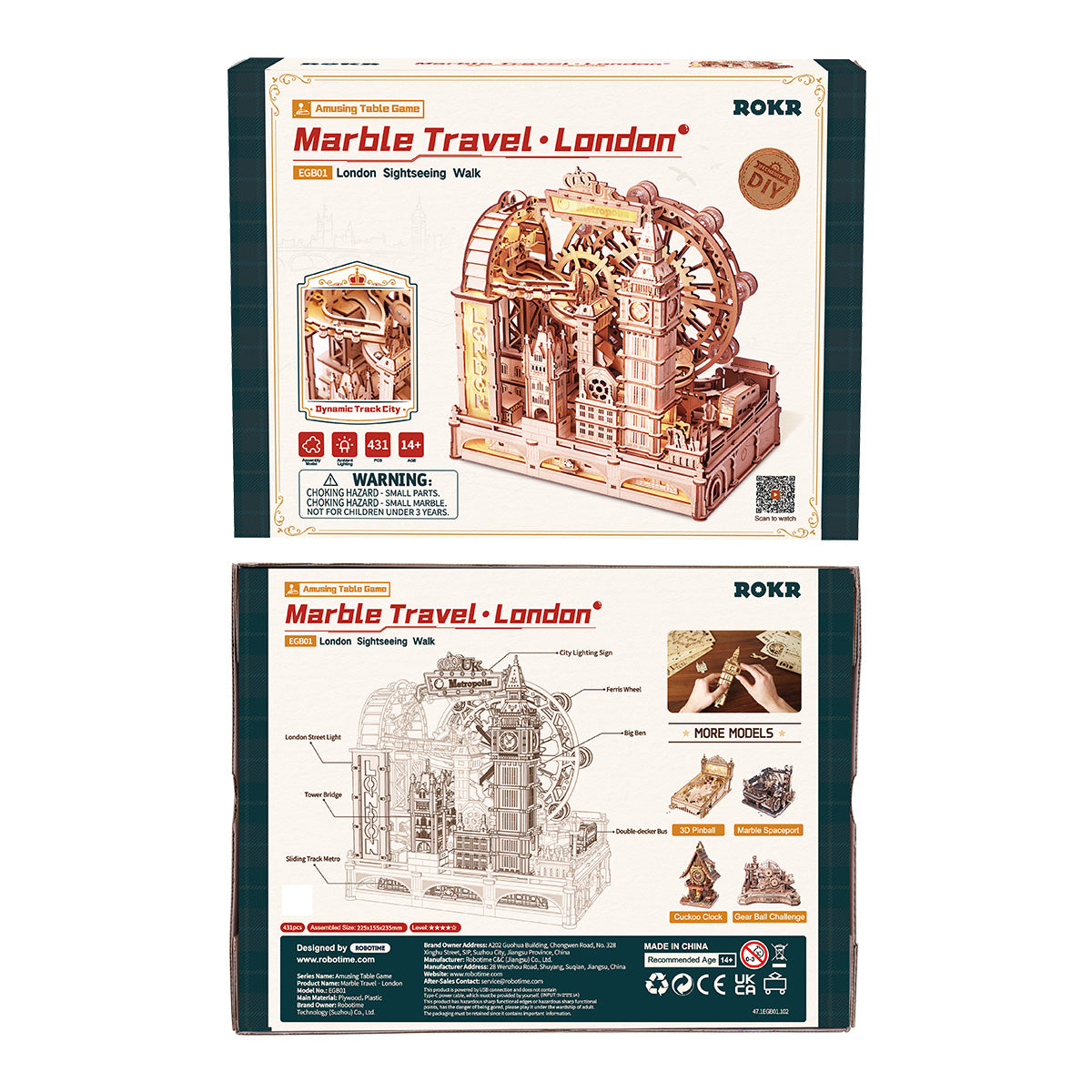 ROKR Marble Travel • London Wooden 3D wooden marble run, side view EGB01