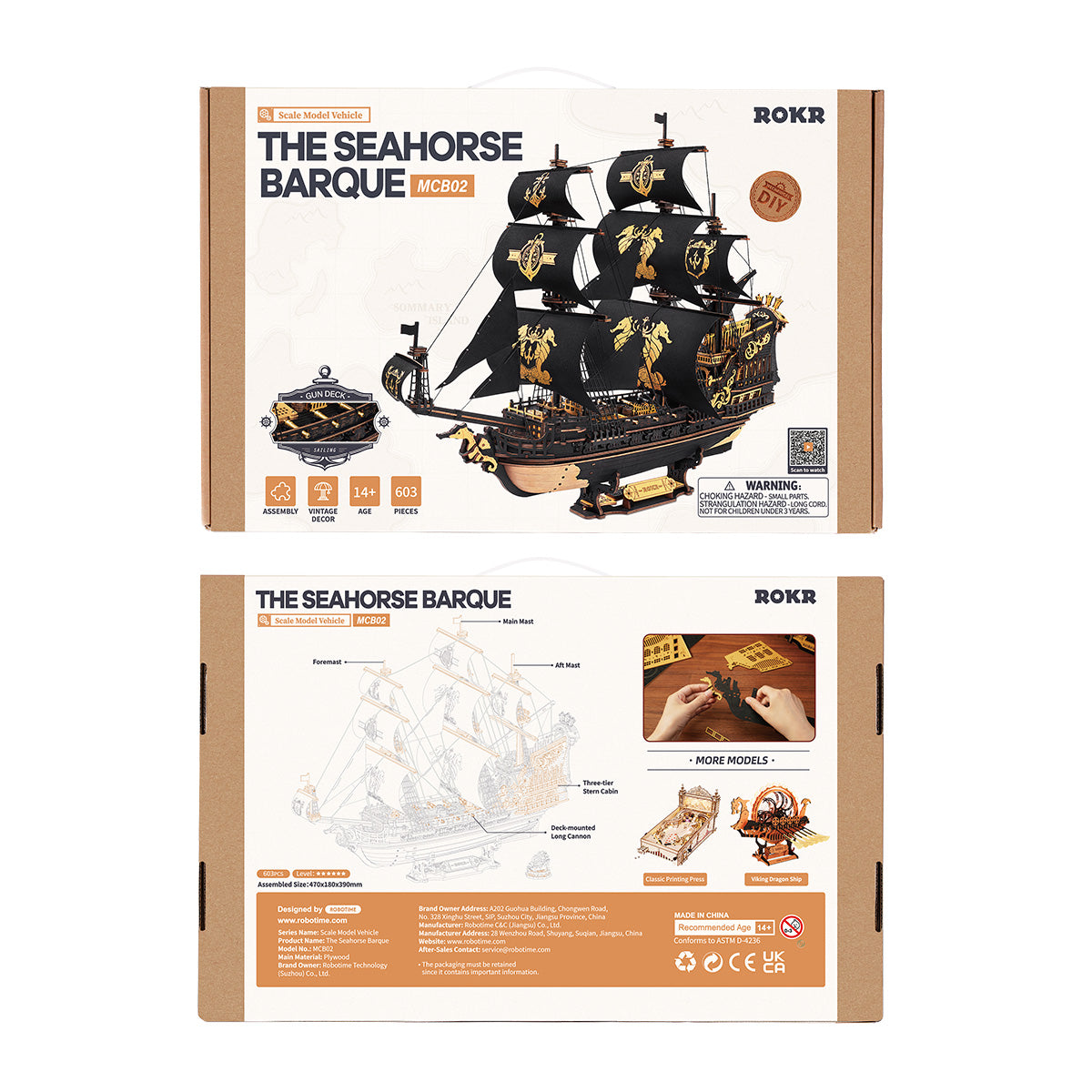 ROKR The Seahorse Barque 3D Wooden Puzzle MCB02, 3D wooden ship model puzzle, styled photo