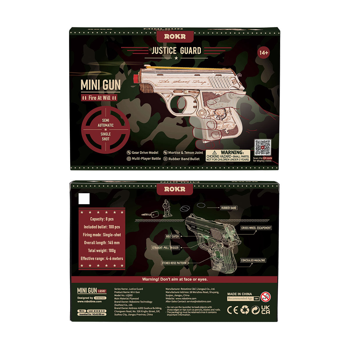ROKR Mini Gun wooden puzzle packaging shown with front and back panels on a dark background.