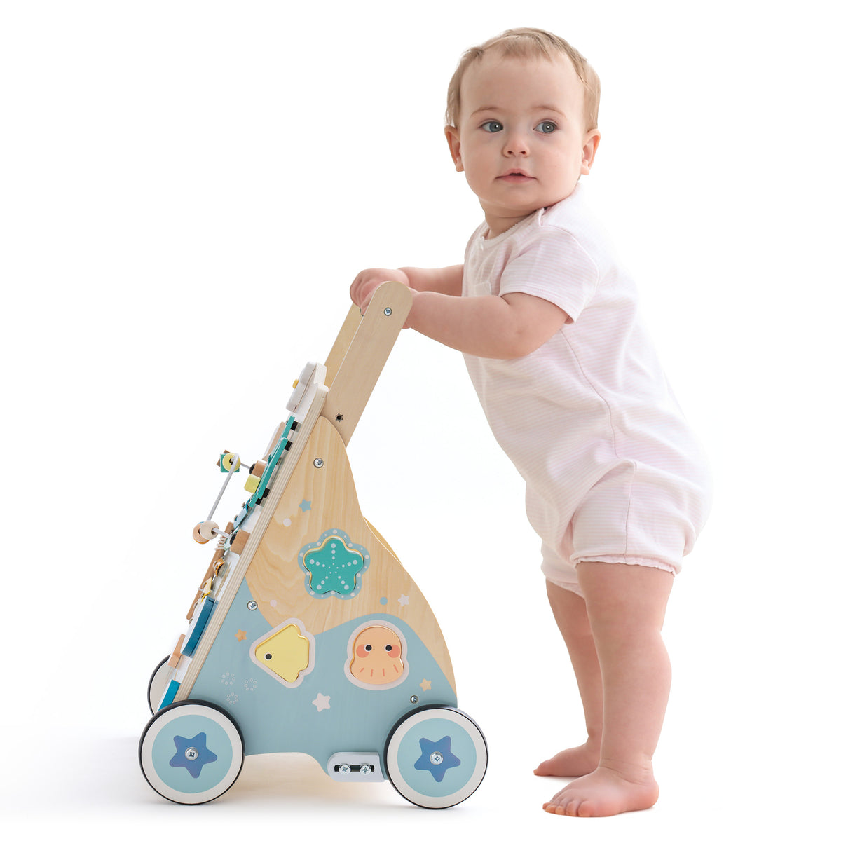 Robud baby push walker, angled view showing front and side