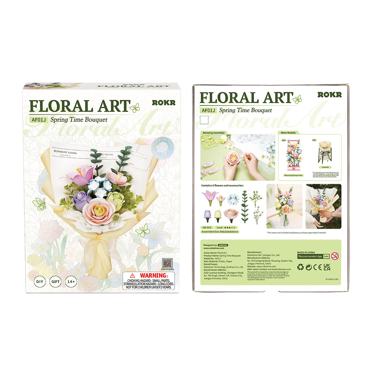 ROKR Spring Time Bouquet kit packaging shown front and back with floral assembly details.