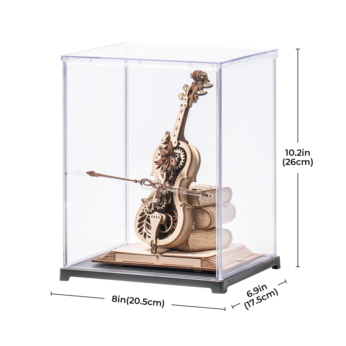 ROKR Magic Cello display case with dimension annotations showing 8 by 4.9 by 10.2 inch measurements on white background