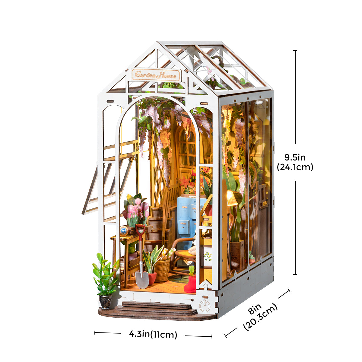 Rolife greenhouse book nook with vine and plants, dimensions 4.5 by 9.5 inches labeled on outline