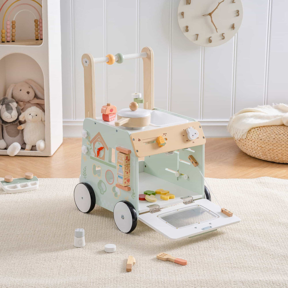 ROBUD Spring Countryside mint-green baby push walker full product view on white background with bead abacus handle, pan, ketchup accessories and oven window
