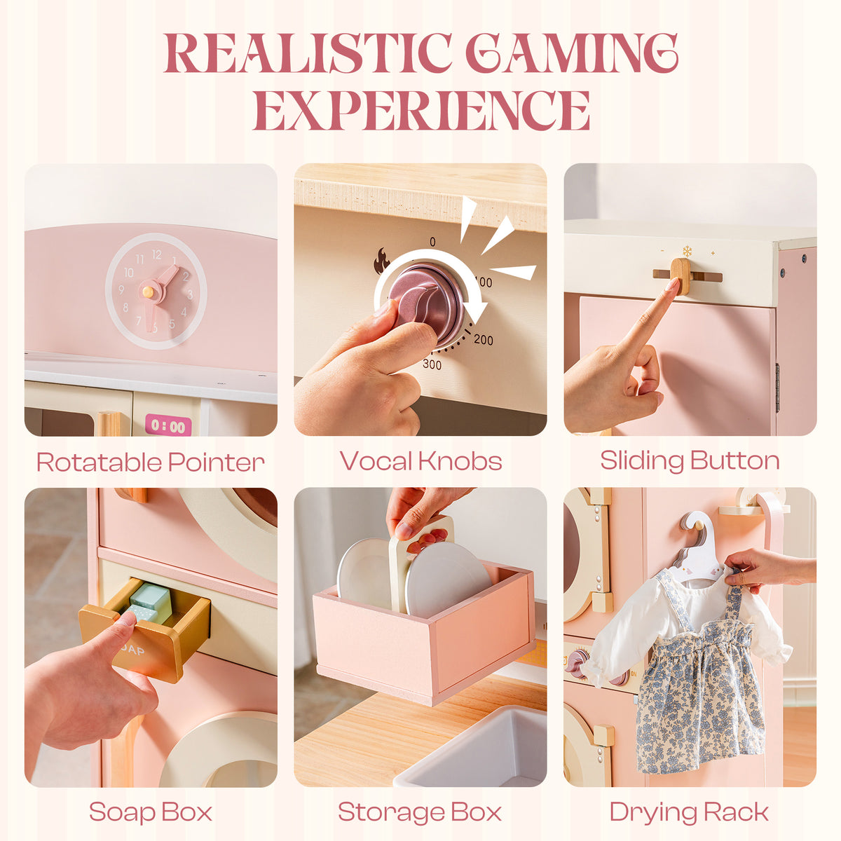 ROBUD Pink Wooden Kitchen PlaySet realistic gaming experience panel showing rotatable pointer and sliding button features
