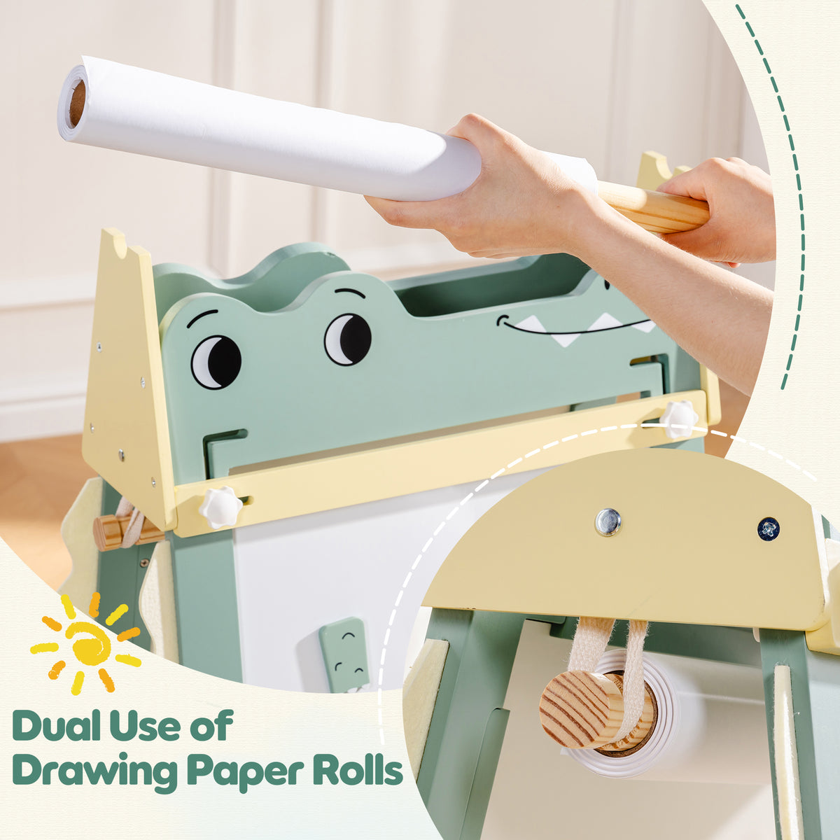 ROBUD Crocodile Easel dual use drawing paper rolls detail showing roll holder at top of green crocodile easel