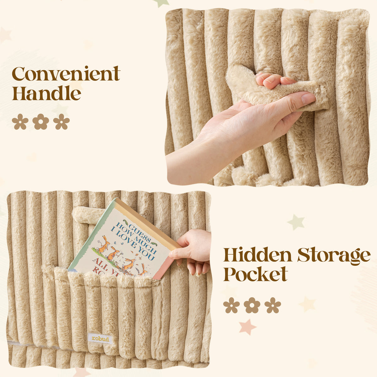 ROBUD Children's Sofa folded flat showing convenient carry handle and hidden storage pocket sewn into the beige corduroy back panel