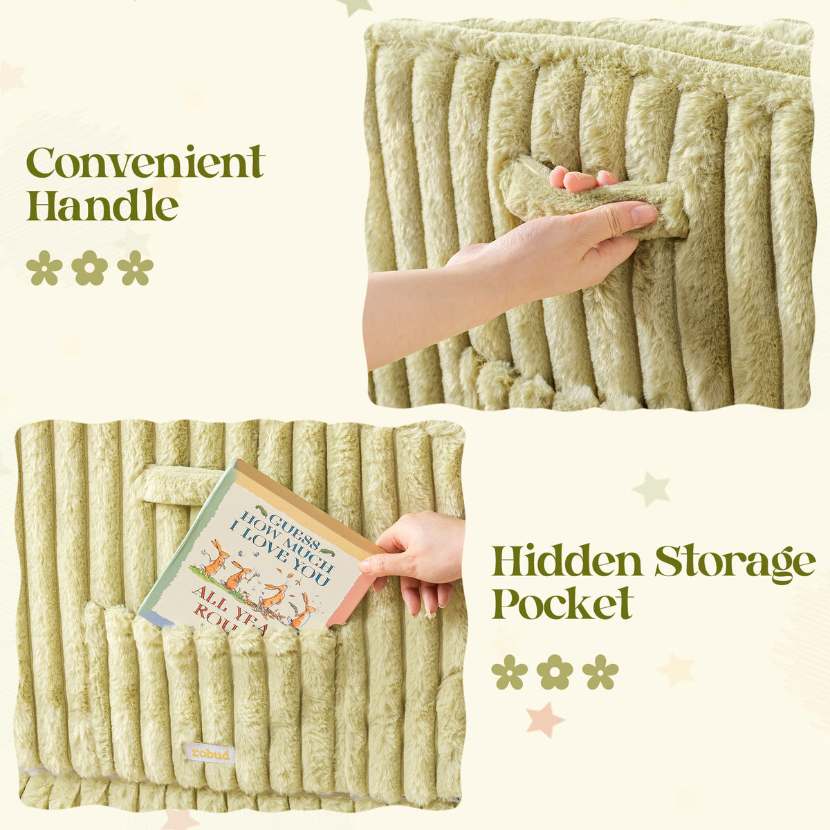 ROBUD children's sofa detail showing a convenient side handle and a hidden storage pocket with a children's book inside.