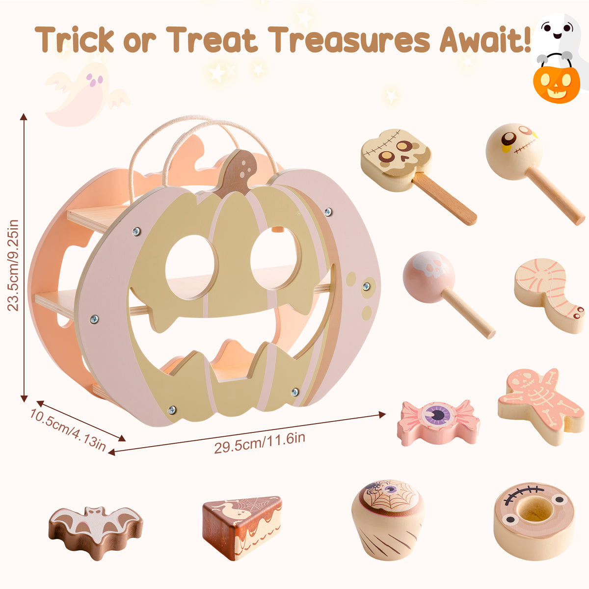 ROBUD Halloween Candy House size diagram showing pastel wooden pumpkin playset with dimensions and candy food pieces on white background
