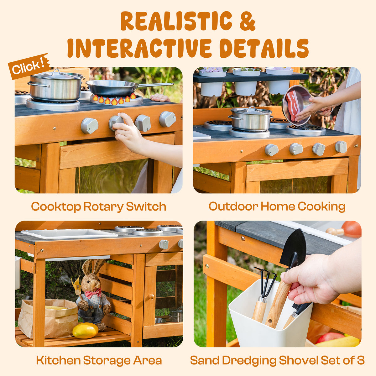 ROBUD Outdoor Mud Kitchen realistic interactive details showing cooktop rotary switch, outdoor home cooking surface, kitchen storage area and sand dredging shovel