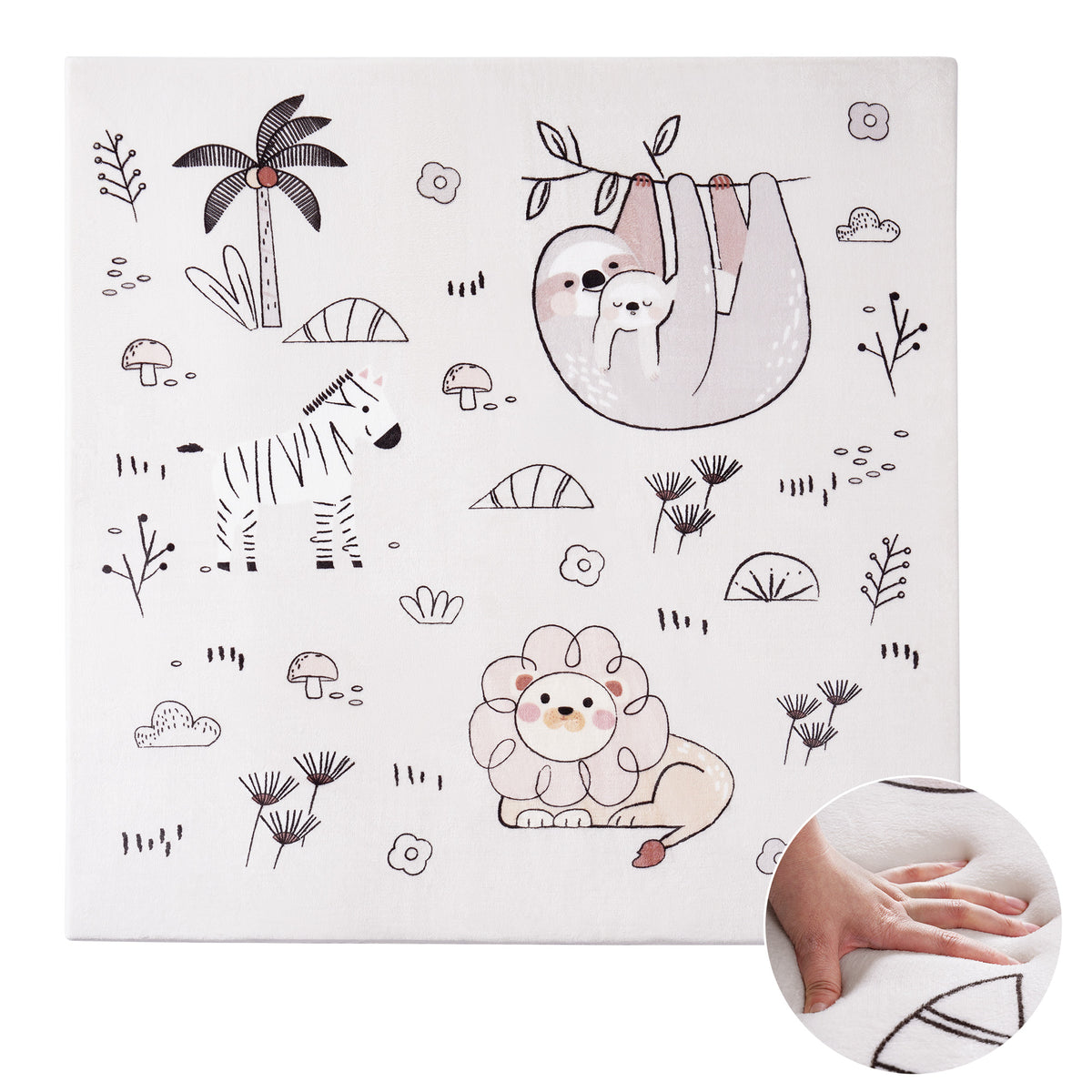 ROBUD baby play mat soft safari print shown flat and square with folded corner revealing grey underside, inset circle showing 1.2in thick edge cross-section on white background