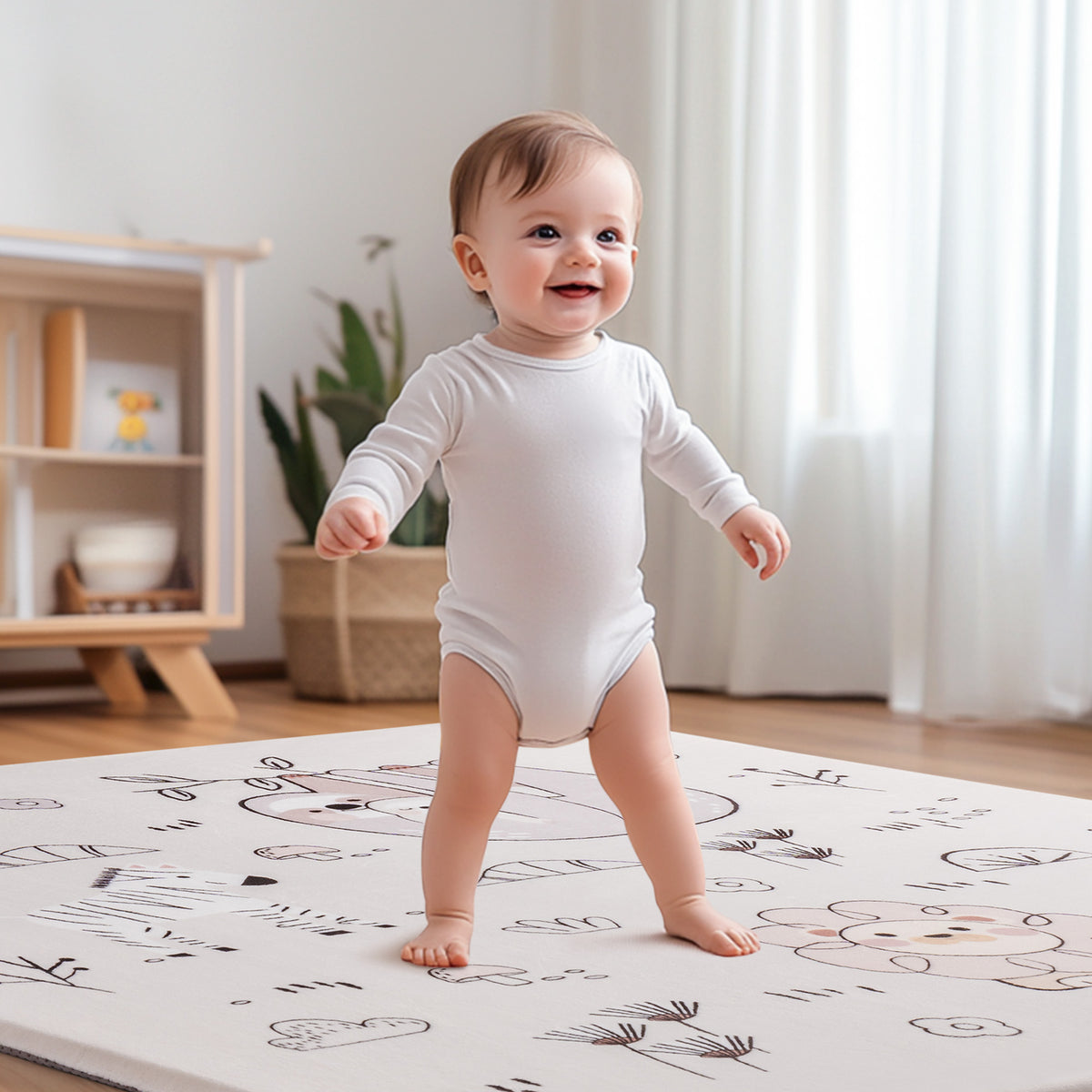 ROBUD baby play mat laid flat showing full safari sloth, zebra and lion print design with a corner folded back showing the grey underside and 1.2in thickness callout