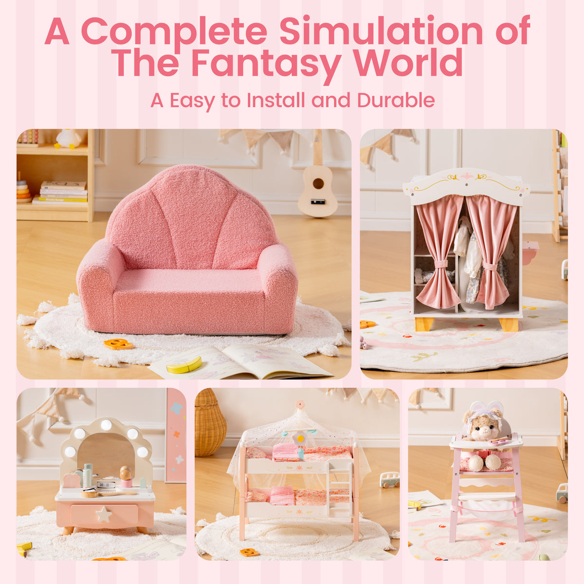 ROBUD Princess series showing pink sofa, vanity, doll wardrobe, bunk bed, and high chair as a complete fantasy play world.