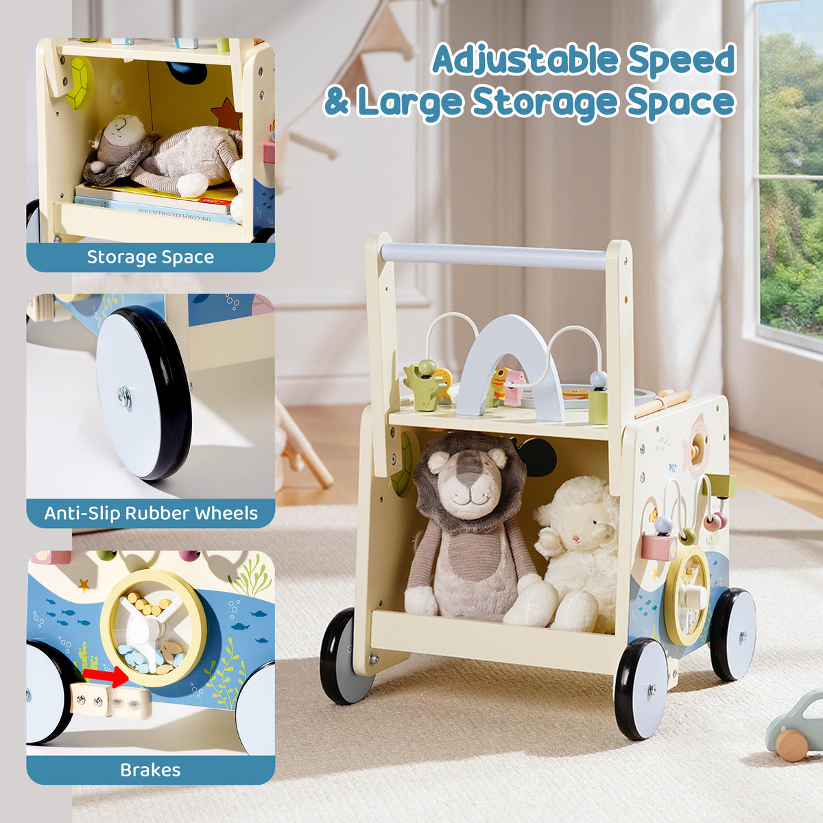 ROBUD Wooden Baby Push Walker Underwater World angled view showing storage compartment with stuffed animals, anti-slip wheels and brake detail