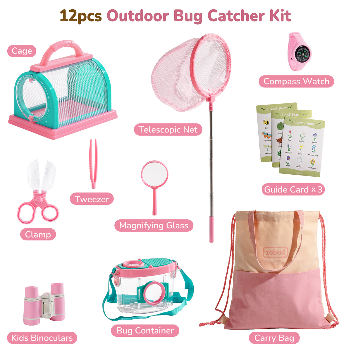 ROBUD pink bug catcher kit showing insect collection and research tools, observation tools with binoculars, and pink storage carry bag