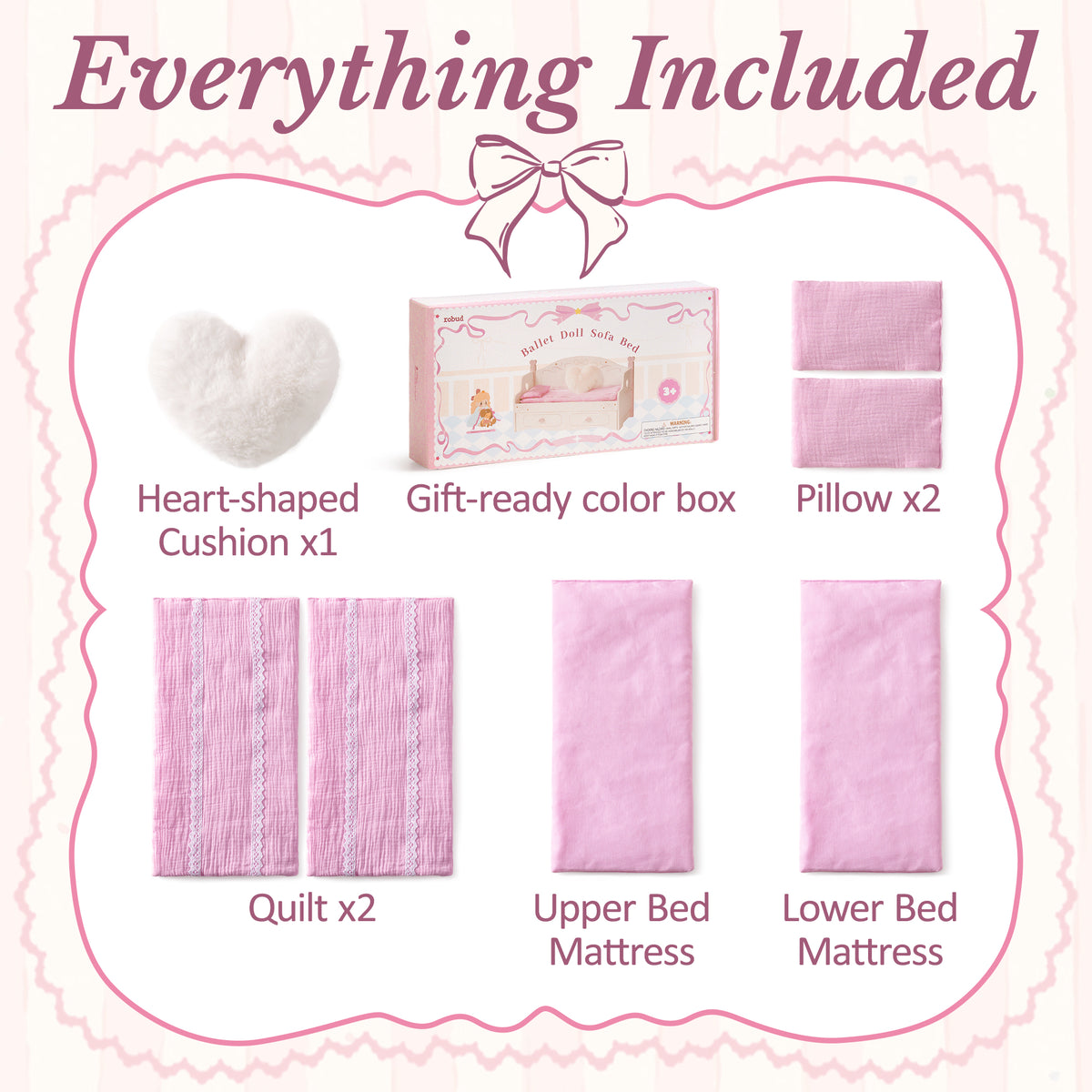 ROBUD pink doll bunk bed everything-included layout showing heart cushion, gift box, two pillows, two quilts, upper and lower mattresses