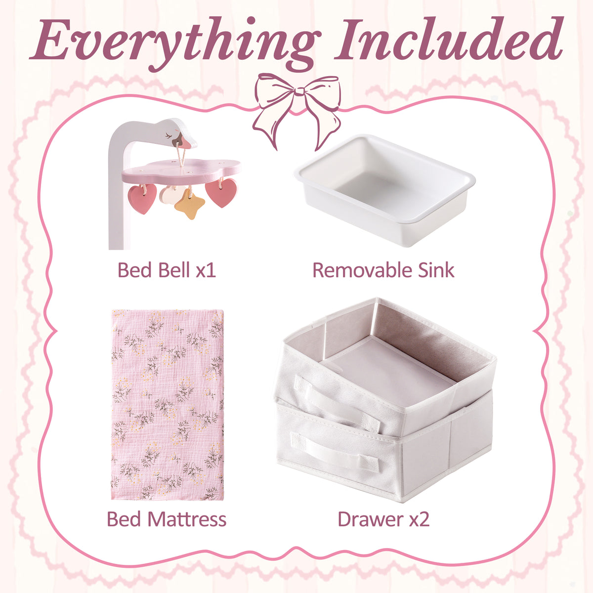 ROBUD doll changing table everything included: bed bell mobile, removable sink, floral-print bed mattress, and two fabric drawers