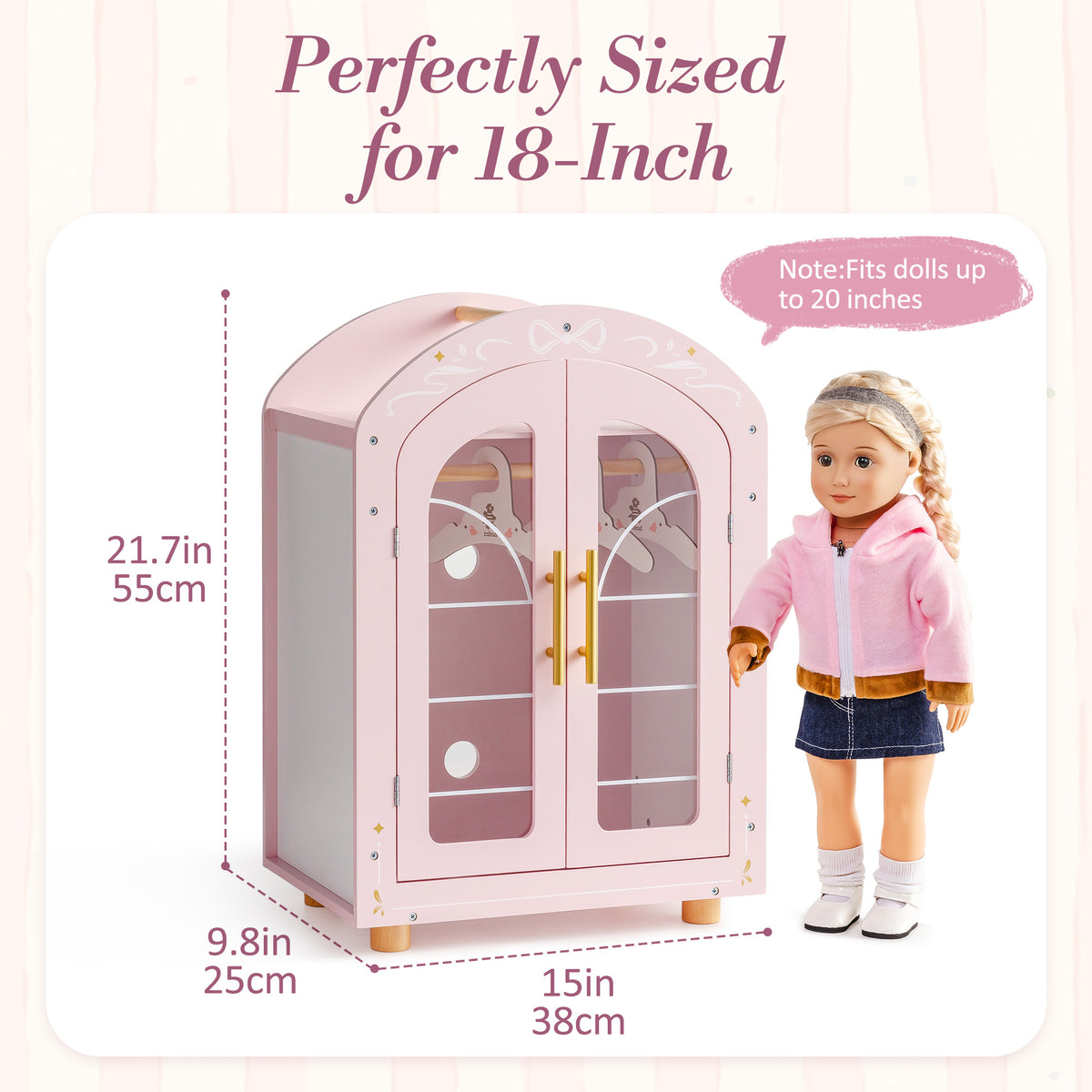 ROBUD pink doll wardrobe size chart showing 21.7 inch height and 15 inch width alongside an 18-inch fashion doll.