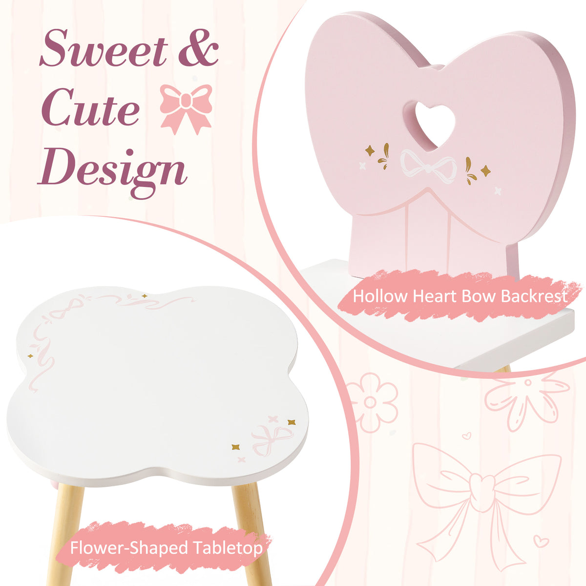 ROBUD pink wooden doll chair with hollow heart bow backrest and white flower-shaped tabletop detail callout on soft pink background