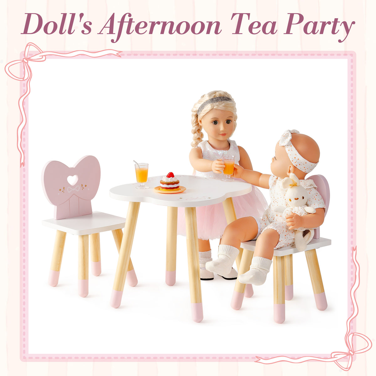 ROBUD 18-inch doll afternoon tea party scene with two dolls seated at white flower-shaped table with pink heart-back chairs