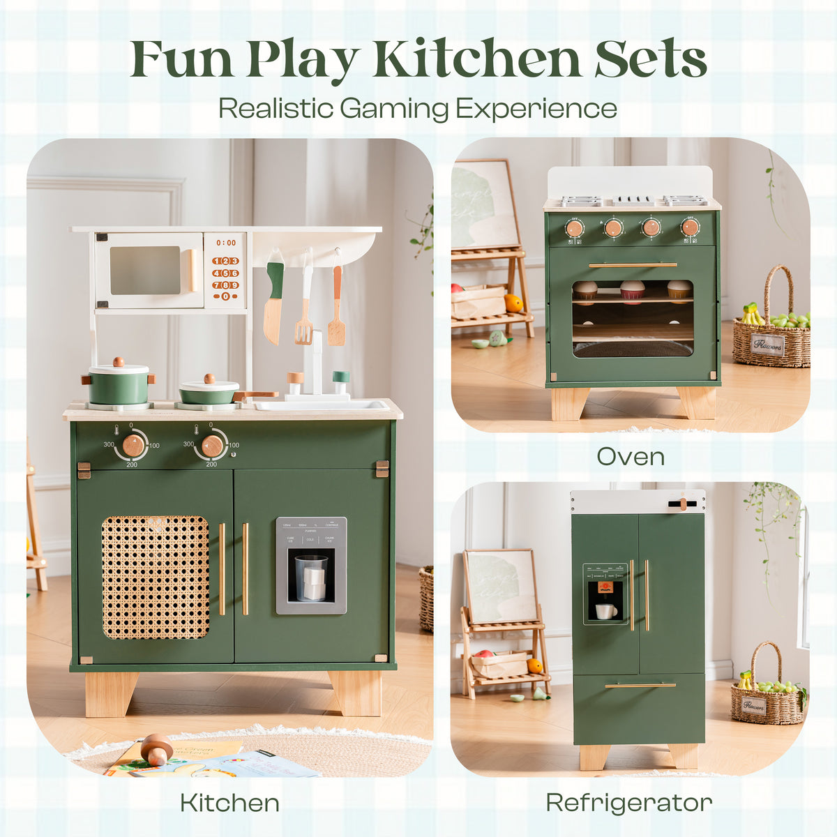 ROBUD vintage green 3-piece play kitchen set overview showing kitchen unit, oven, and refrigerator side by side for realistic role play