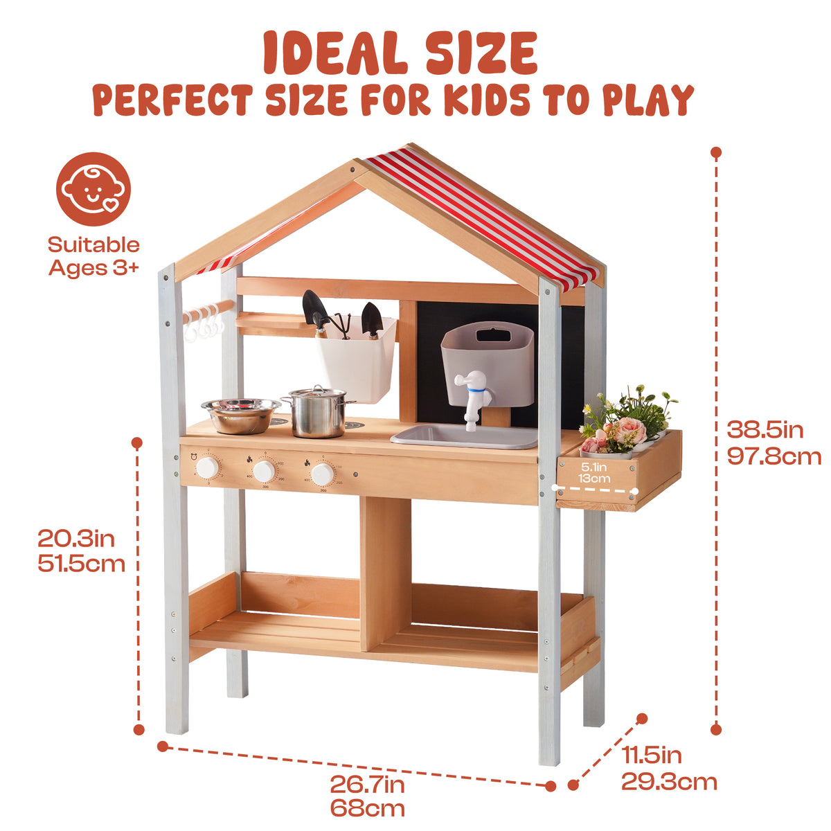ROBUD outdoor mud kitchen with red and white stripe canopy showing dimensions 38.5 inches tall and 26.7 inches wide with accessories