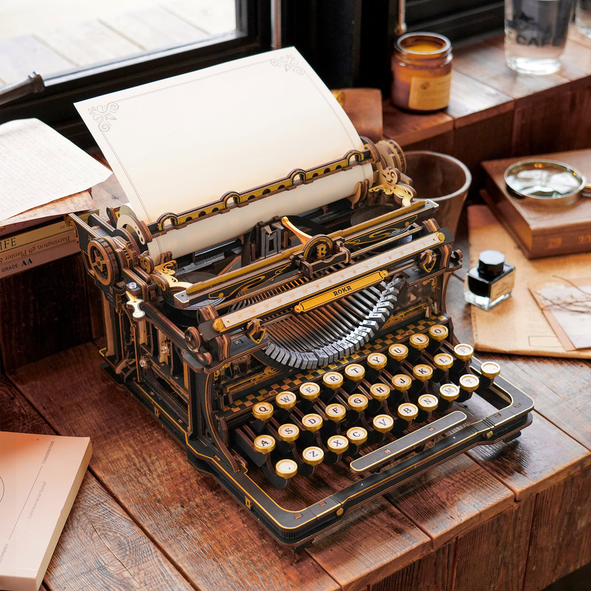 ROKR Mechanical Typewriter Wooden 3D Puzzle LK703B (Classic Version) LK703B, side view highlighting structure and scale