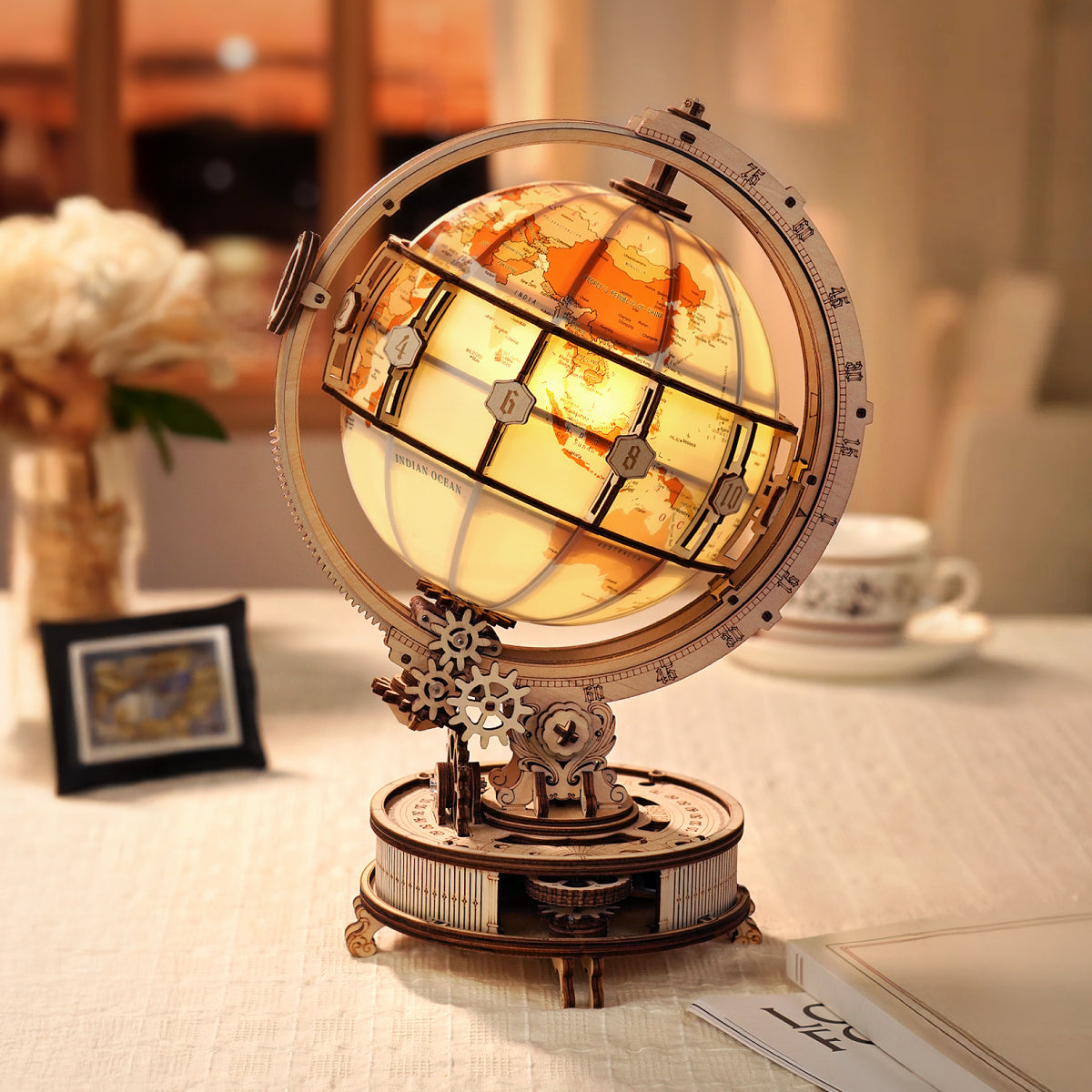 ROKR Luminous Globe 3D Wooden Puzzle ST003D (Electric Version) ST003D, styled lifestyle scene with model assembled