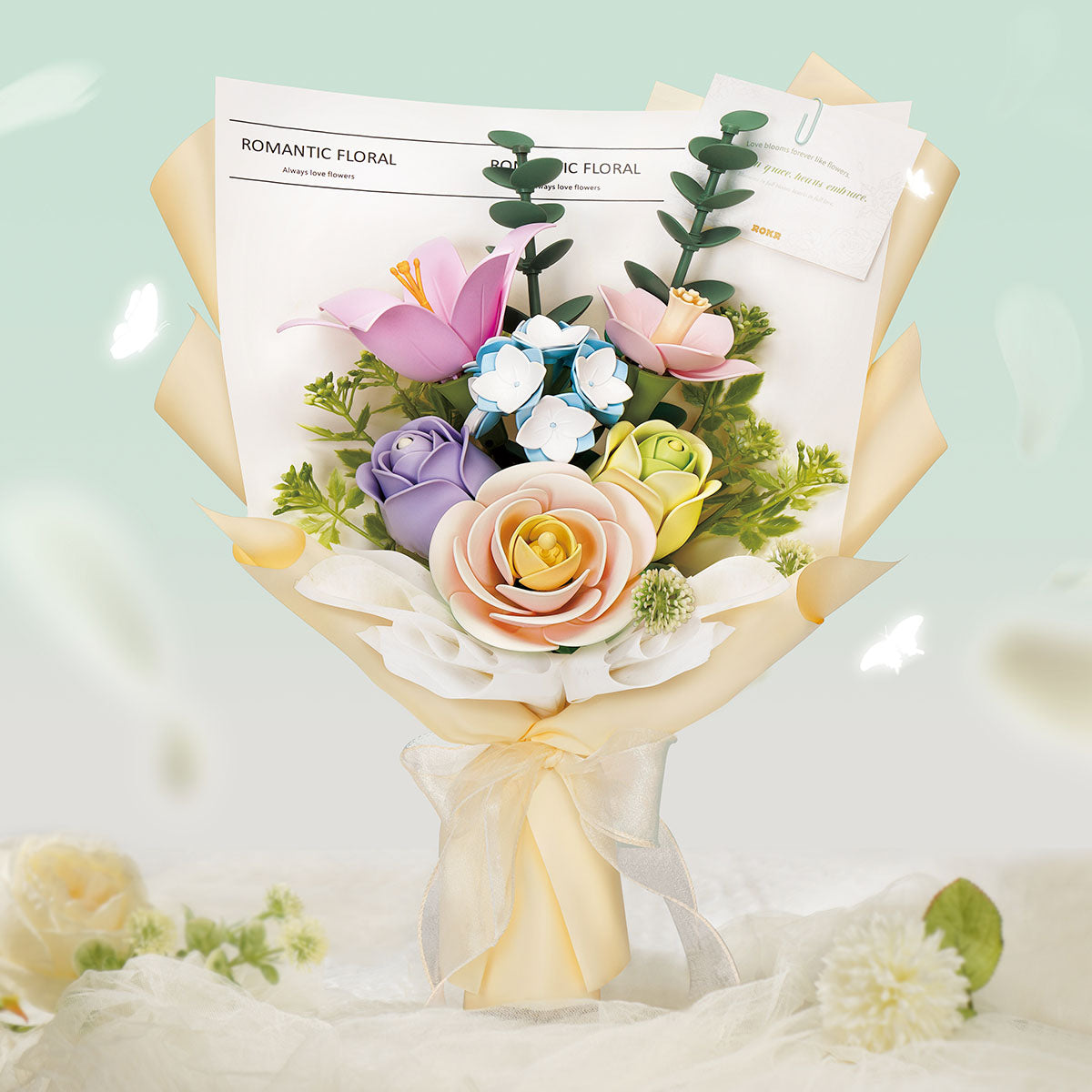 ROKR Spring Time Bouquet arranged in a cream vase against a pale green floral background.