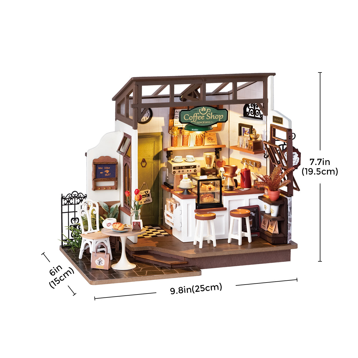 Rolife Flavory Cafe miniature house dimension diagram showing 9.8 by 6 by 7.7 inch measurements labeled