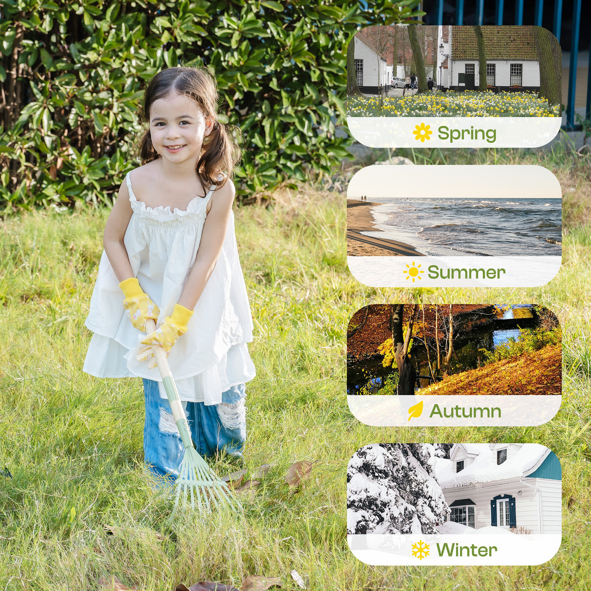 Girl raking leaves outdoors with ROBUD Kids Wheelbarrow Set showing all four seasons gardening activity collage