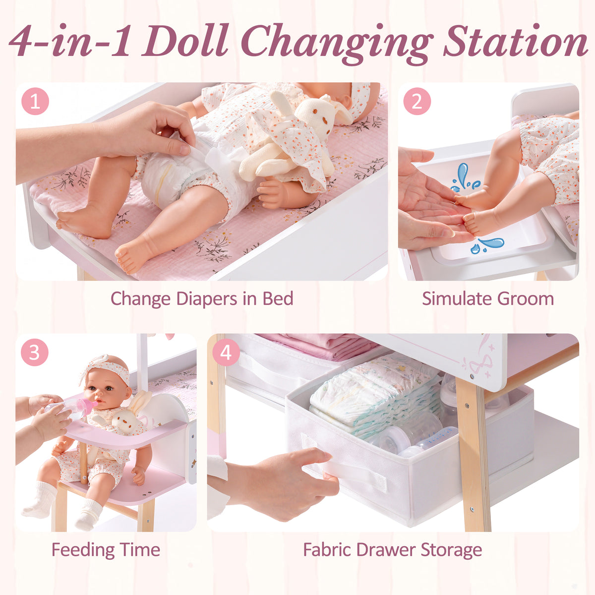 ROBUD 18-inch doll changing station with four functions including diaper changing, grooming, feeding, and fabric drawer storage.