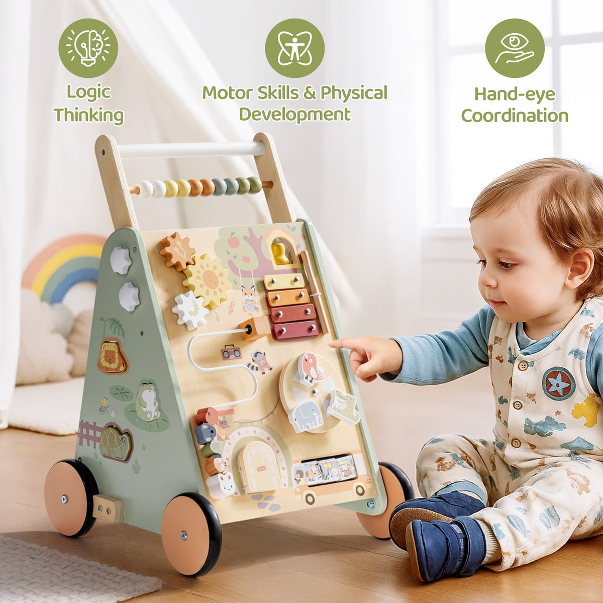 ROBUD Forest Fairy Baby Push Walker with baby on floor showing logic thinking, motor skills and hand-eye coordination development benefits infographic