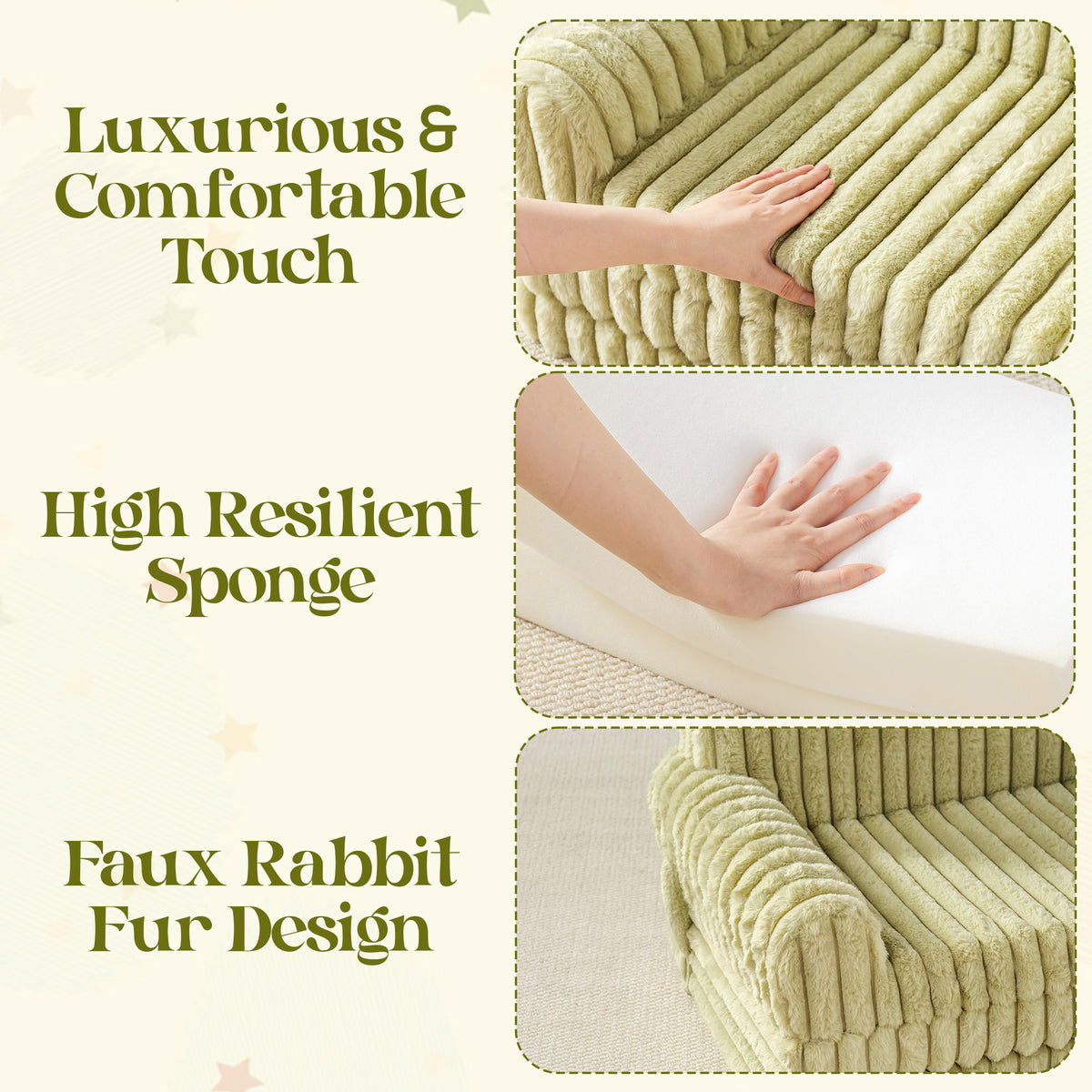 ROBUD children's sofa feature infographic showing faux rabbit fur texture, high-resilient sponge fill, and soft touch close-ups.