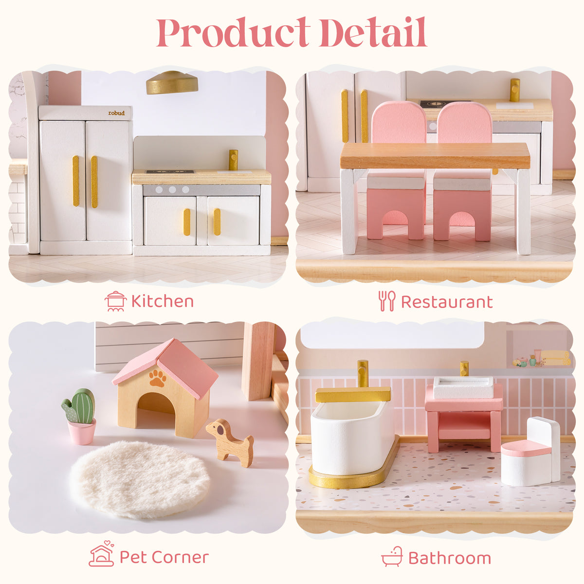 ROBUD Wooden Dollhouse Furniture Set Pink product detail showing kitchen, restaurant, pet corner and bathroom miniature sets in pastel pink and white