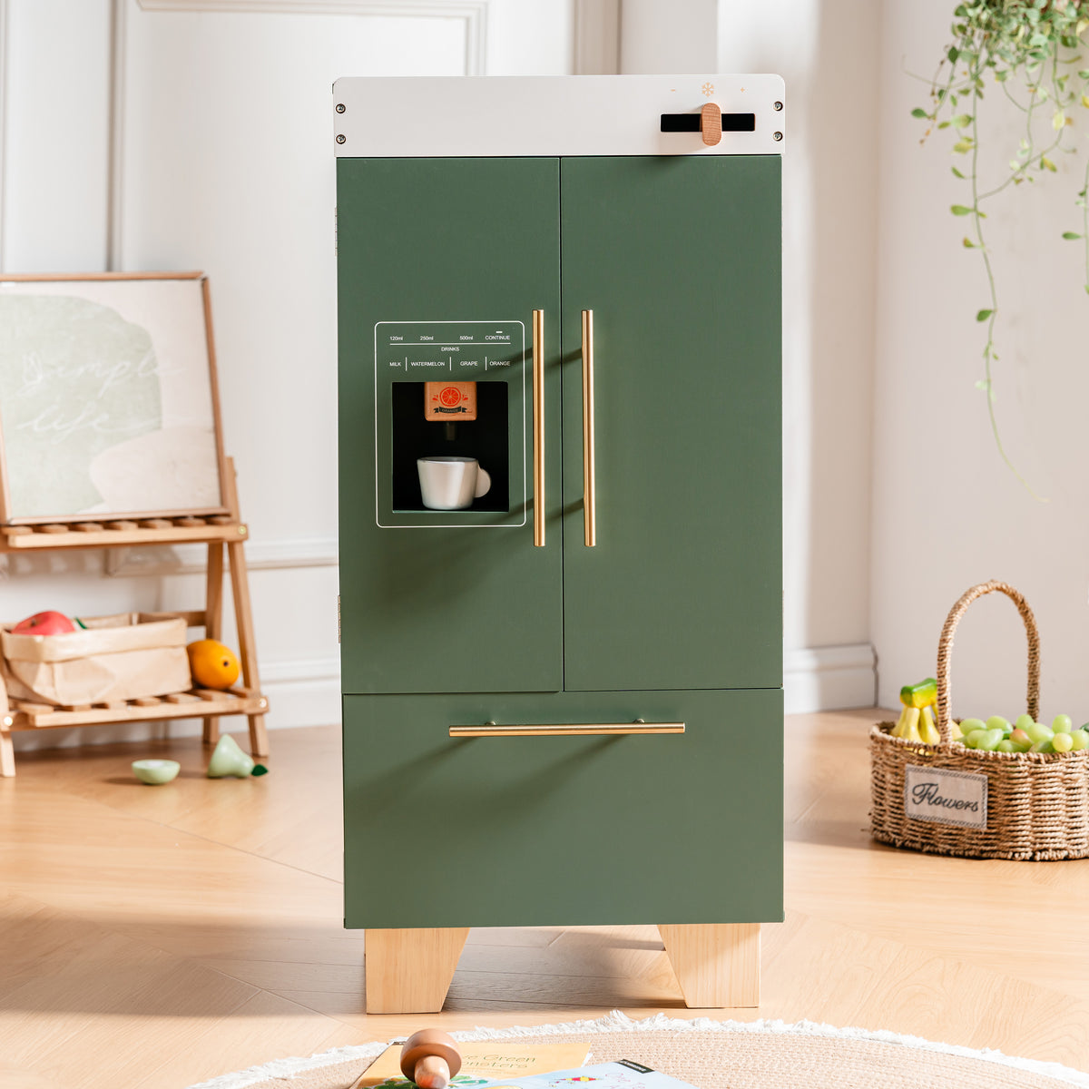 ROBUD vintage green play refrigerator with rattan cabinet detail and pull-out drawer displayed in a bright modern playroom