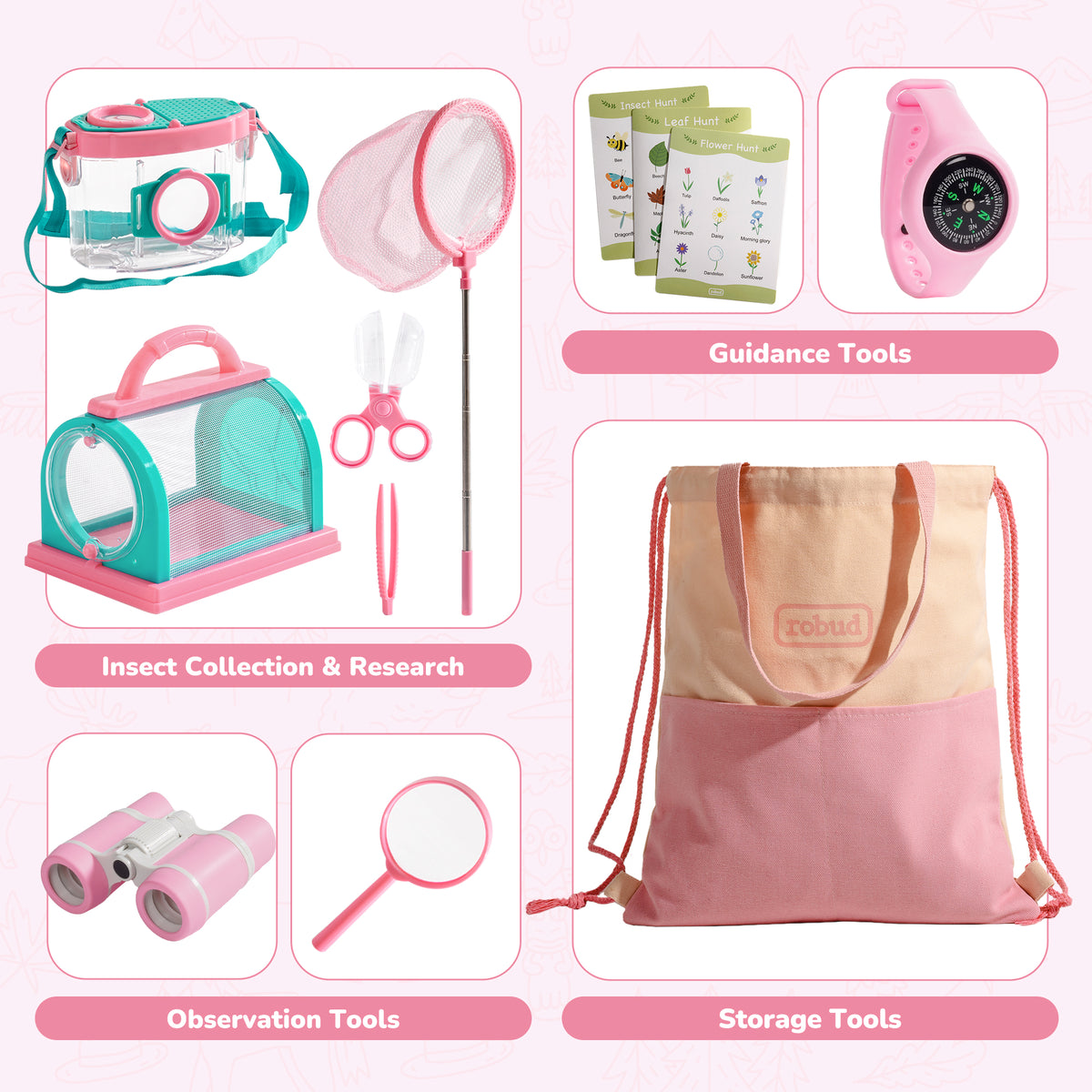 Father and young girl examining bug specimen jar outdoors with ROBUD pink bug catcher kit tools spread on table beside them