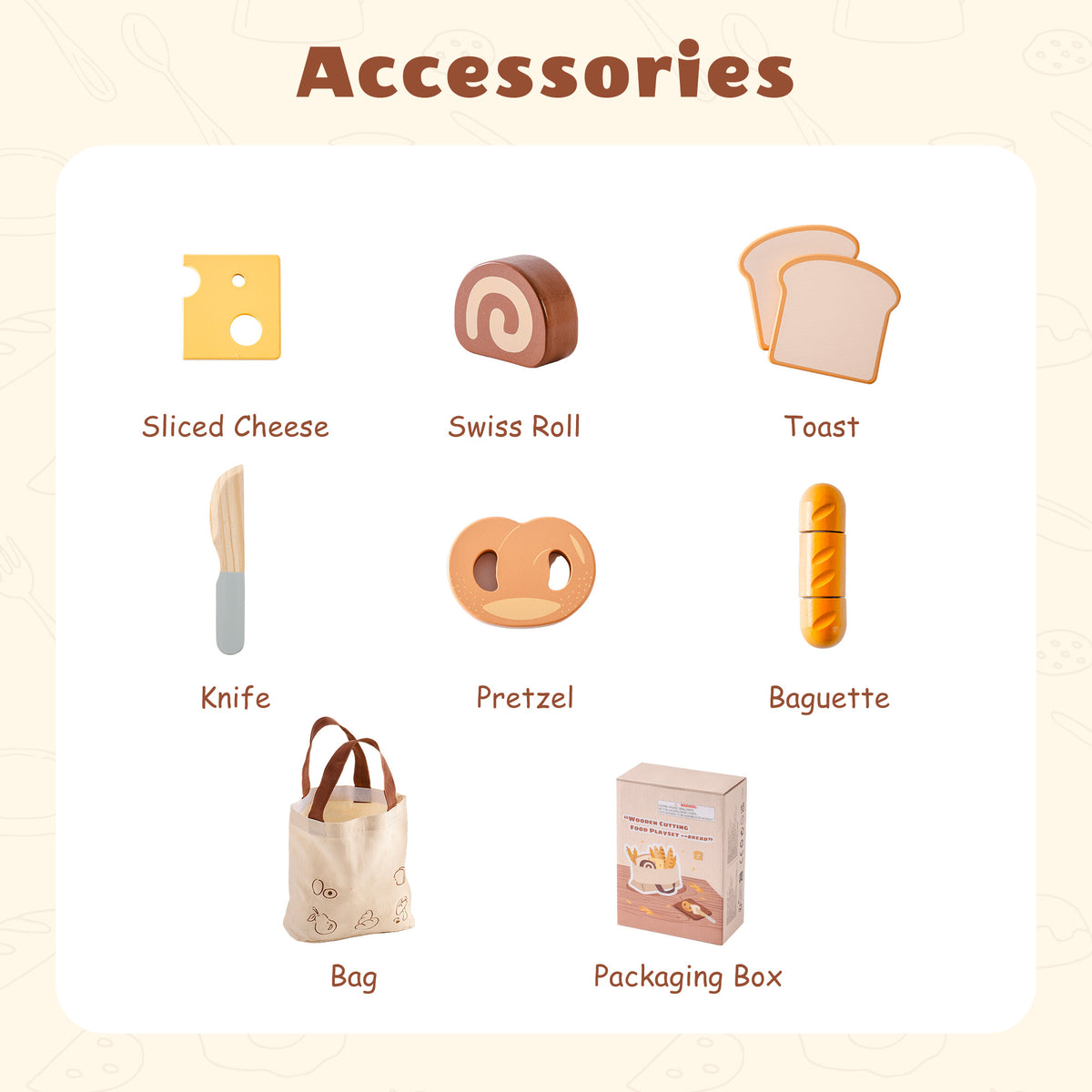 ROBUD wooden dessert cutting playset accessories infographic showing sliced cheese, swiss roll, toast slices, knife, pretzel, baguette, canvas bag, and packaging box