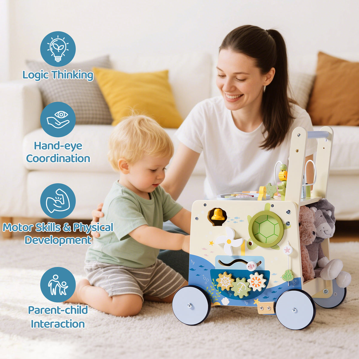ROBUD Wooden Baby Push Walker Underwater World lifestyle shot with mother sitting beside toddler pushing the ocean-themed wooden activity walker