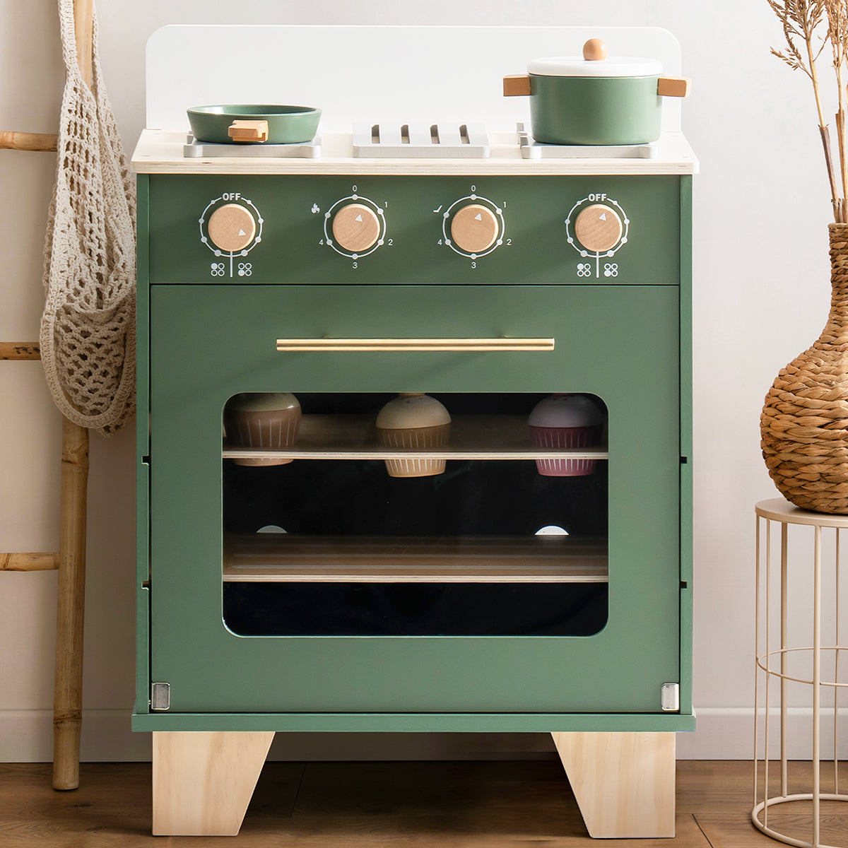 ROBUD vintage wooden toy kitchen oven in forest green with gold knobs and natural wood legs.