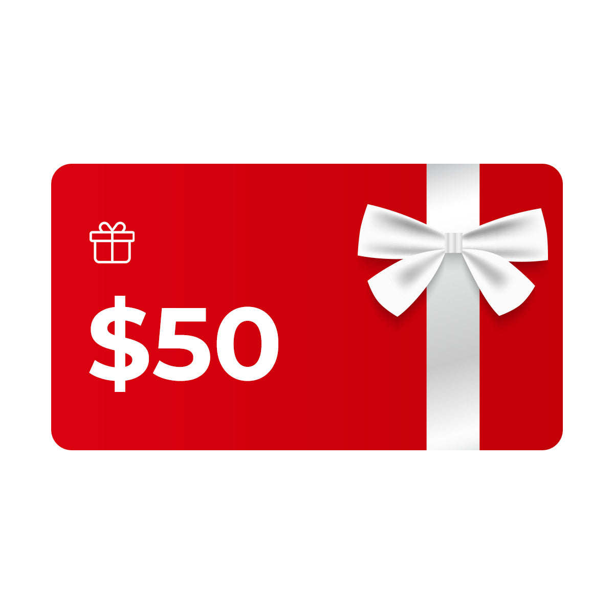 Robotime digital gift card showing a red card with a white satin bow and the denomination $50 in bold white text, a great starter gift for fans of Rolife miniature kits.