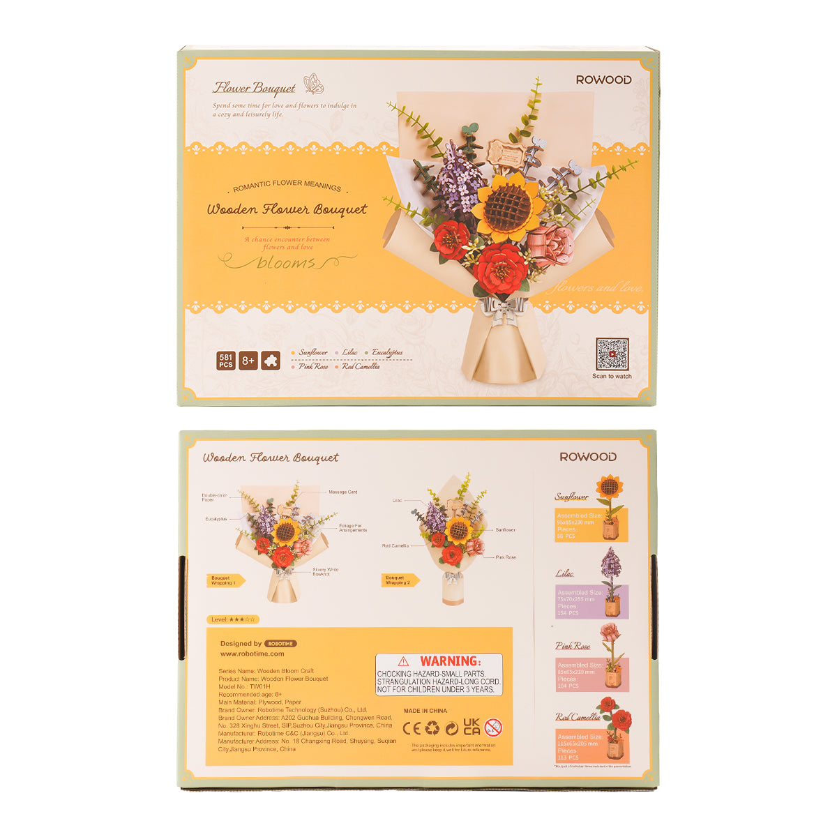 Rowood wooden flower bouquet instruction cards show the finished arrangement and assembly steps.