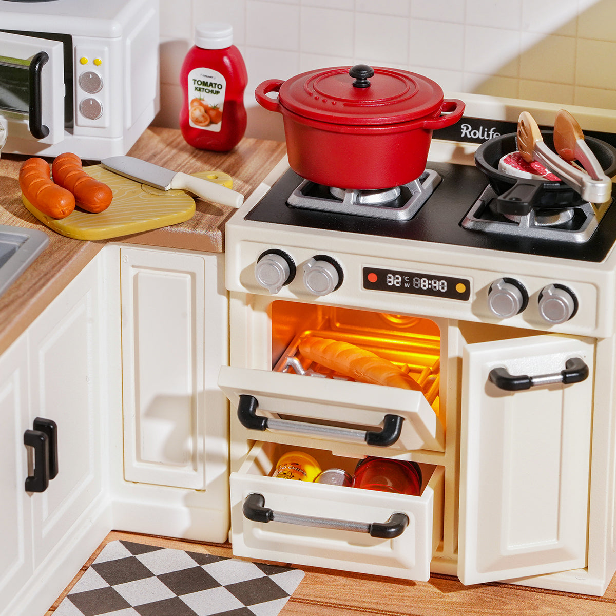 Rolife Happy Meals Kitchen DW008 miniature showing the kitchen counter area with colourful ingredient jars, a bowl of