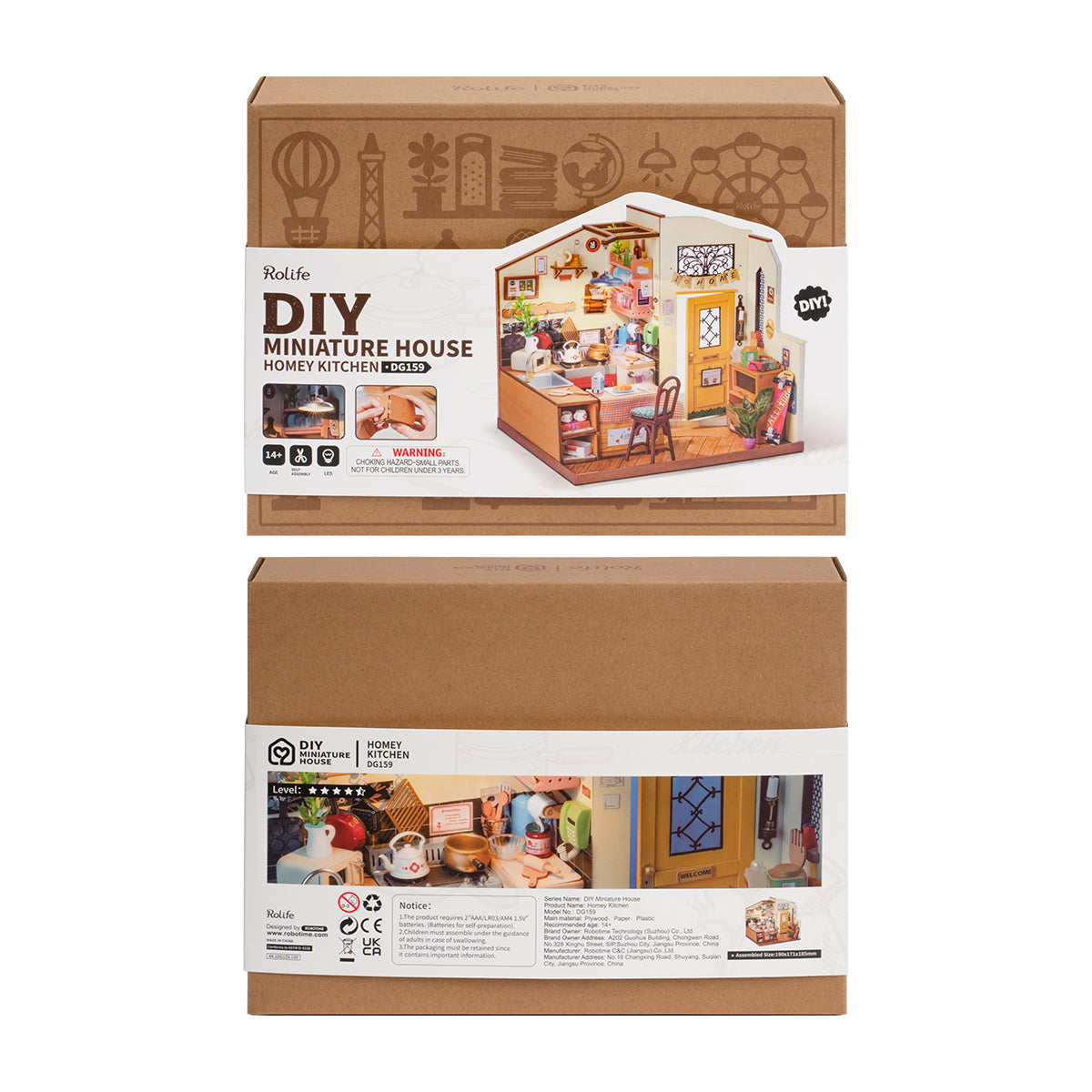 Rolife Cozy Kitchen DIY miniature house retail packaging showing front cover and back specs panel side by side