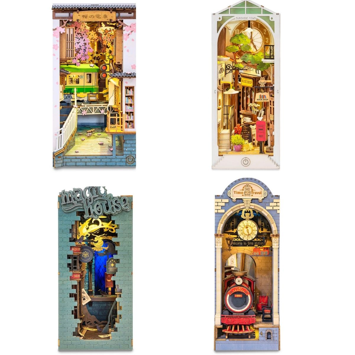Rolife Stories in Books Series | Book Nook (4 Sets) DIY book nook miniature kit, lifestyle scene on a wooden desk