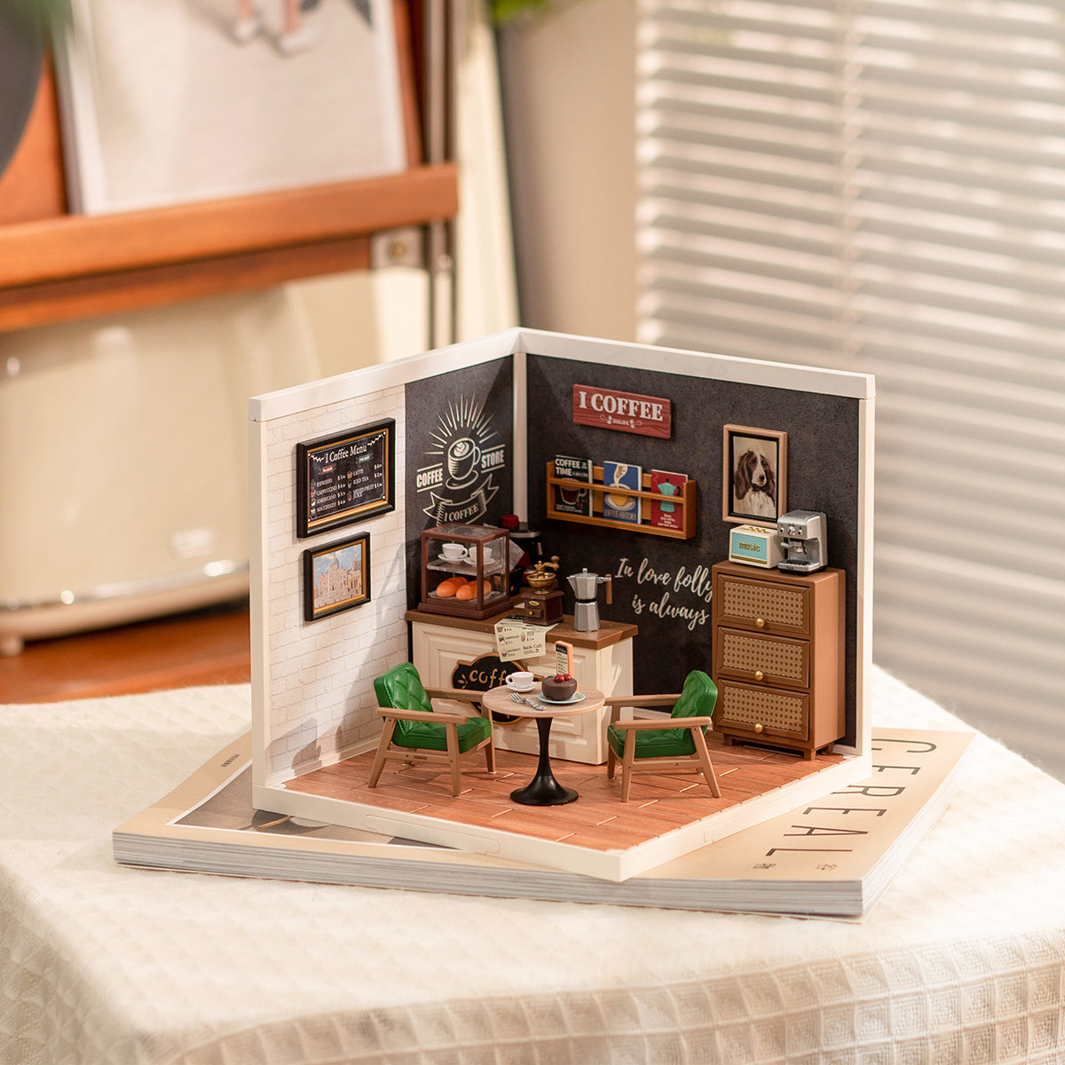 Rolife Daily Inspiration Cafe DW001 miniature showing the espresso bar area with tiny cups, a chalkboard menu and small