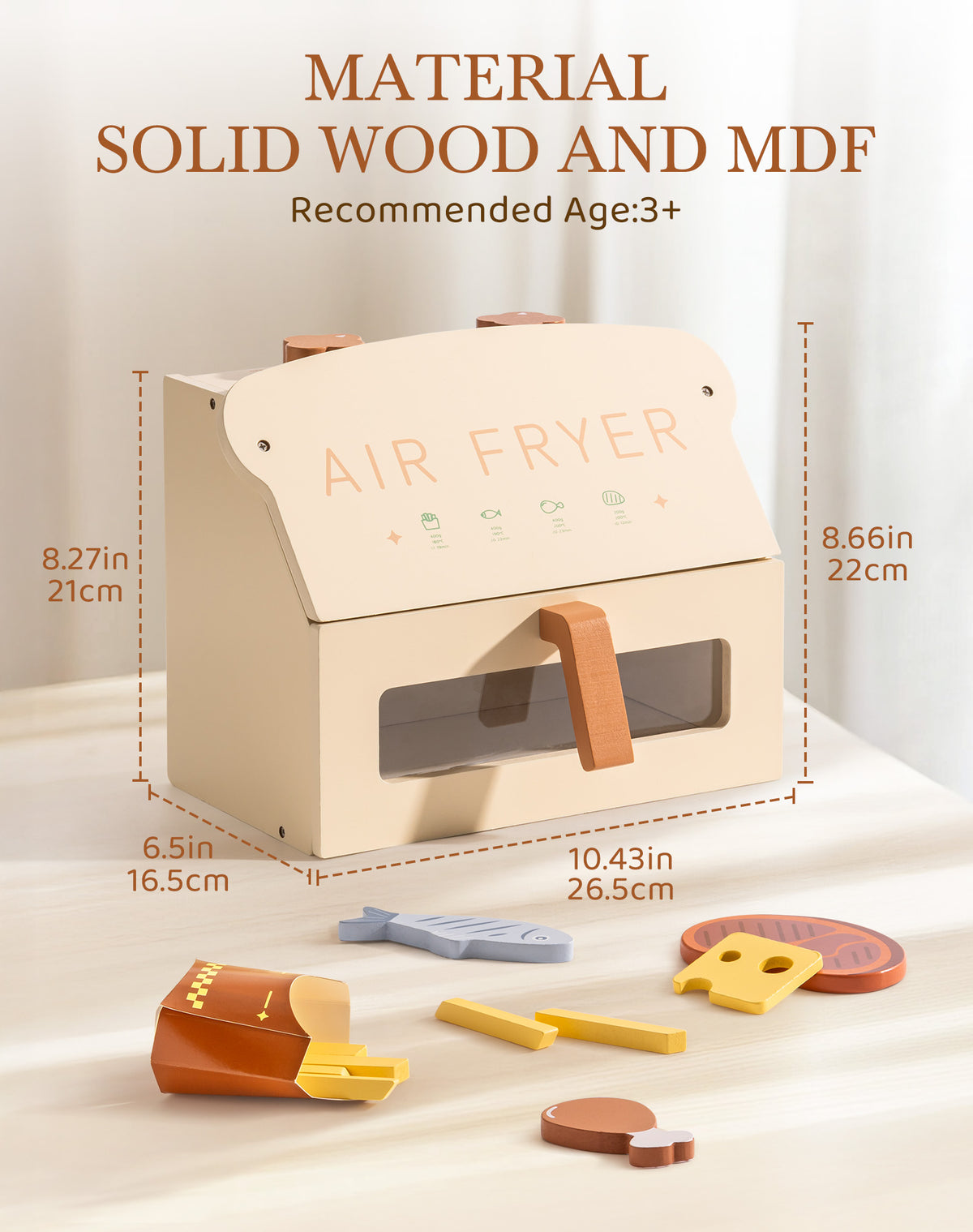 ROBUD creamy wooden play air fryer showing dimensions infographic with food accessories including french fries box, fish fillet, cheese square, steak, and chicken leg piece