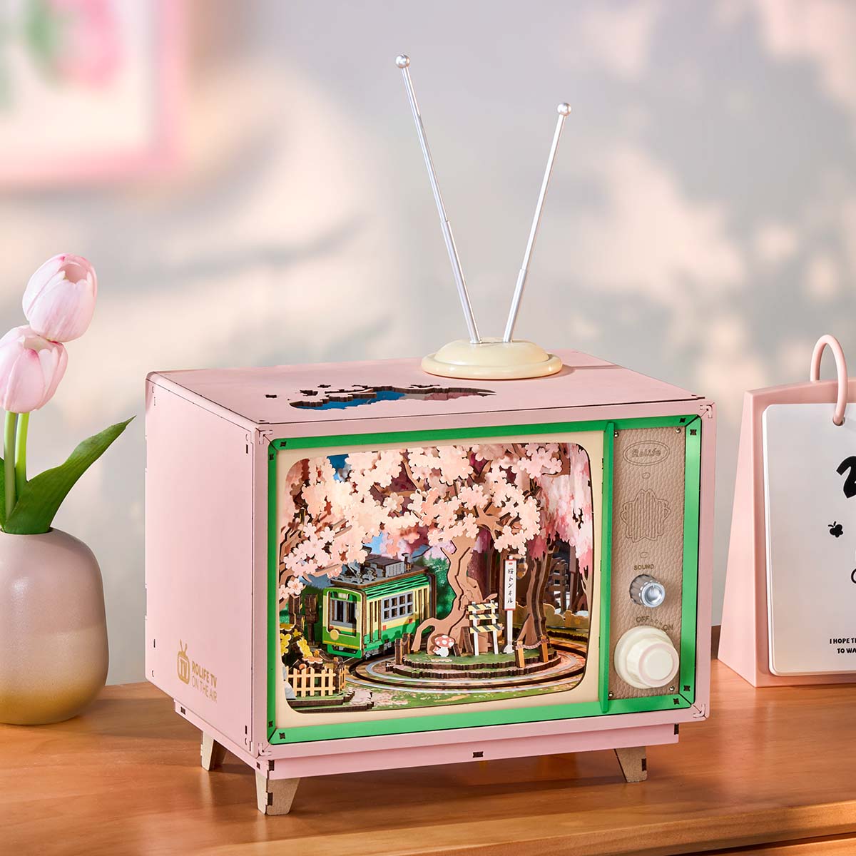 Rolife Sakura Dreamy Tour DIY music box 3D wooden puzzle, styled lifestyle shot AMT02